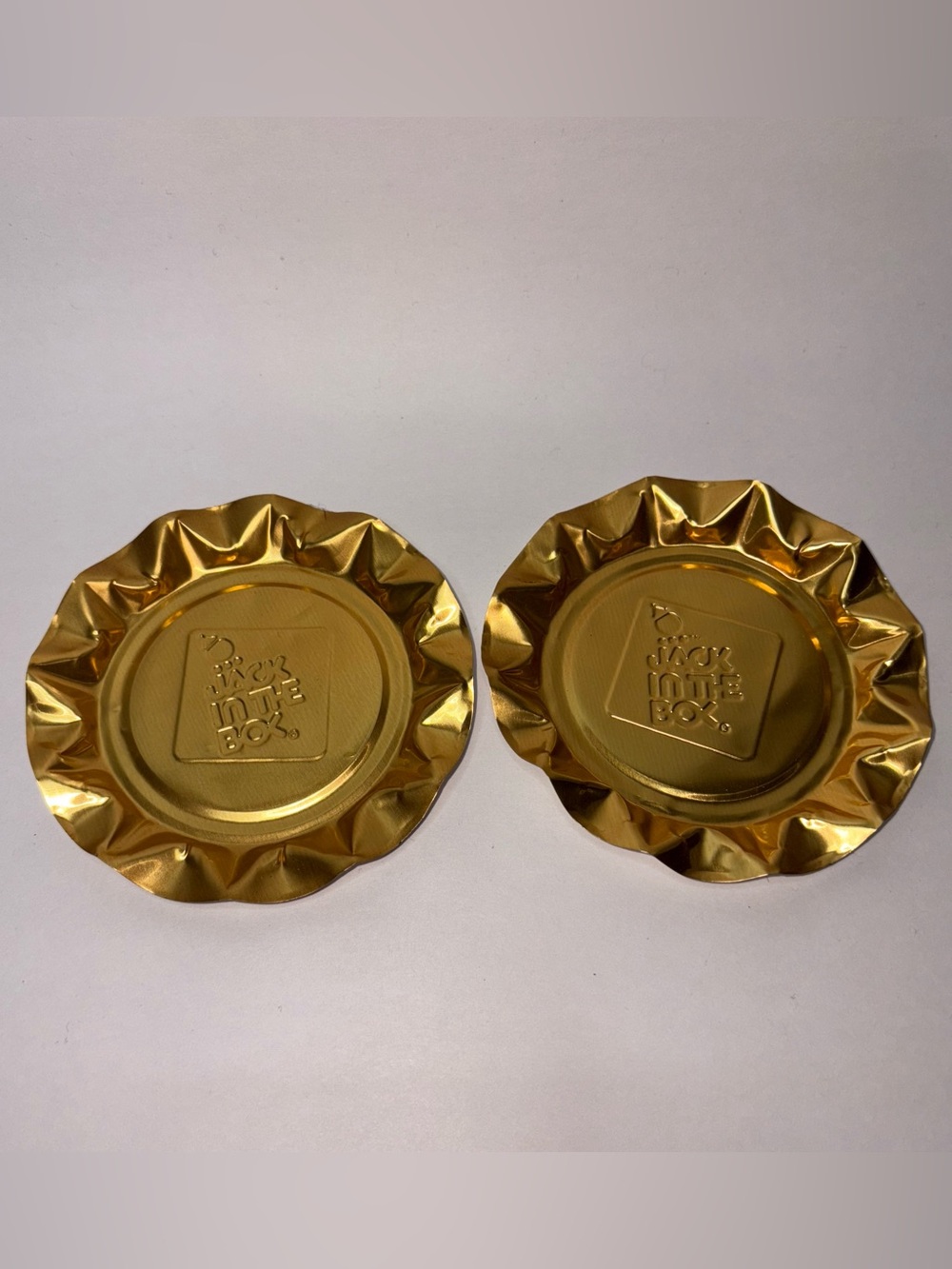 Vintage Jack in the Box Ashtrays Gold Toned Crinkle Foil (Set of 2) Aluminum